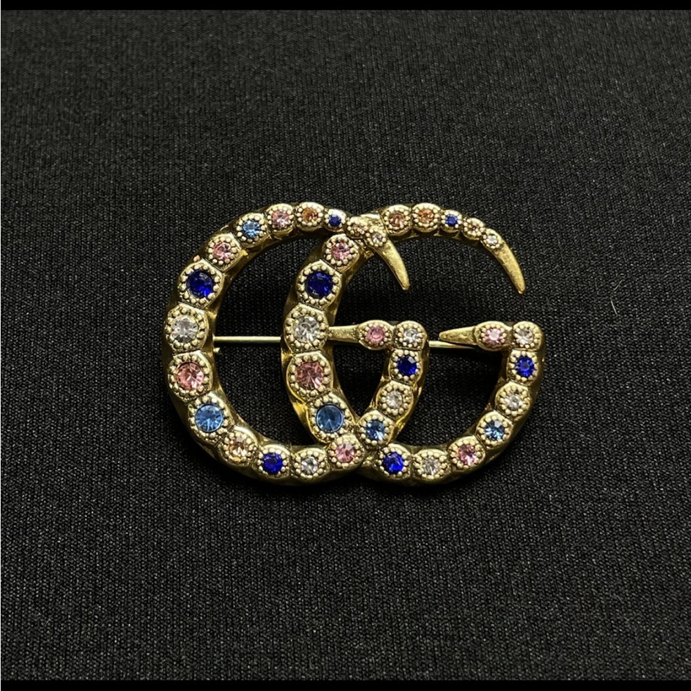 Gucci Gold Brooch with Pink and Blue Crystals - Picture 1 of 9